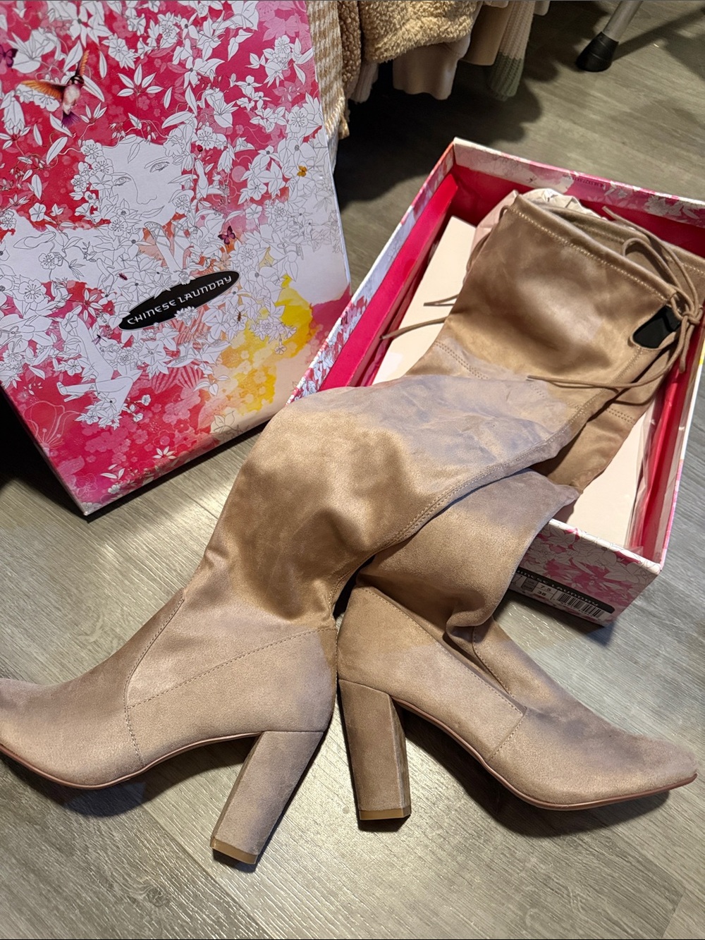 Chinese Laundry Over-the-Knee Block Heel Boots in Taupe